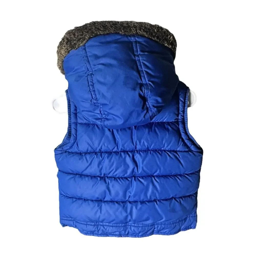 Y2K Old Navy Baby 12-18M Blue Puffer Vest Fur Trim Hood Moto Patch Winter Coat